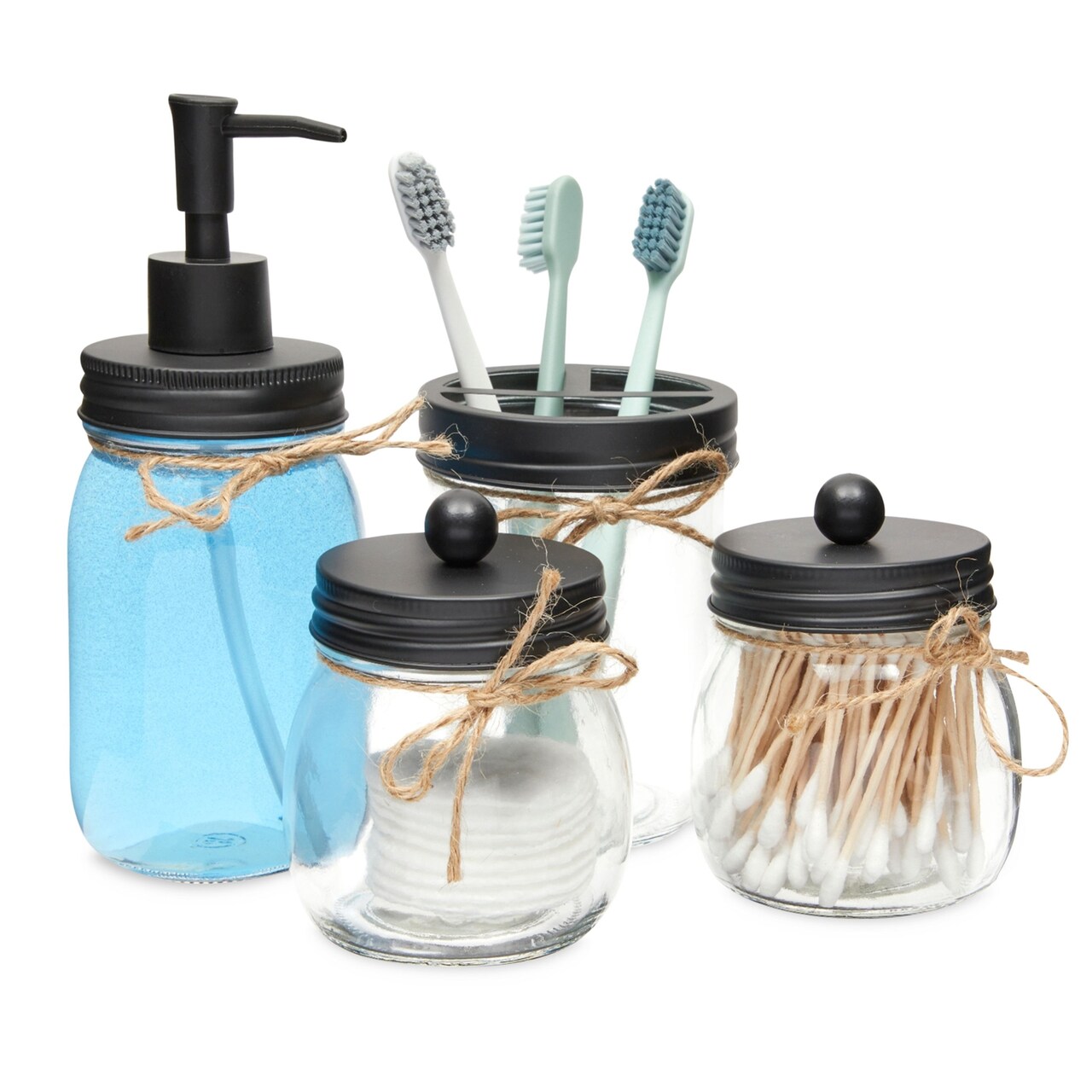 4 Piece Mason Jar Bathroom Accessories Set with Soap Dispenser, Toothbrush Holder, Farmhouse Themed